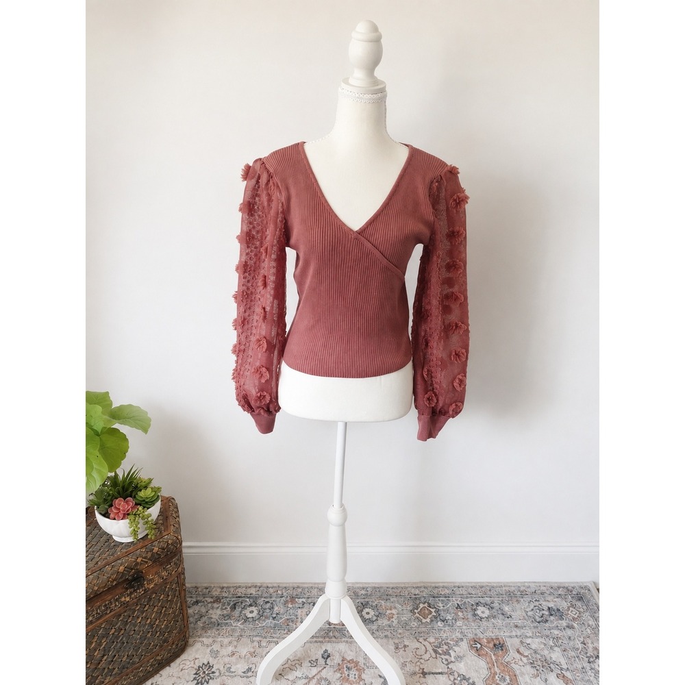 Boho Cottagecore Y2K Mauve Rose Knit Top Almost Famous Sheer Sleeve Wrap Front L
